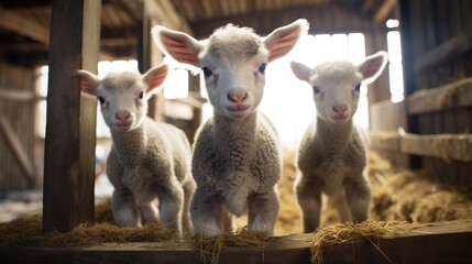 Generative AI, little lambs looking at the camera on a farm, baby sheeps