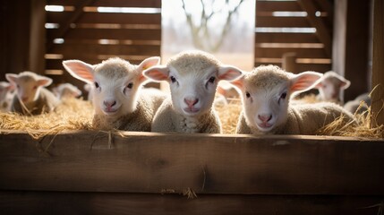 Generative AI, little lambs looking at the camera on a farm, baby sheeps