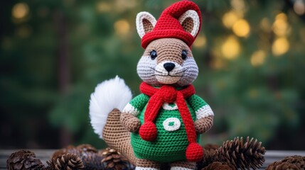 Christmas toy knitted squirrel. Handmade knitted toy created with Generative AI technology.