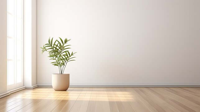 Modern interior of an empty room with a parquet floor and a plant pot.