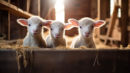 Generative AI, little lambs looking at the camera on a farm, baby sheeps