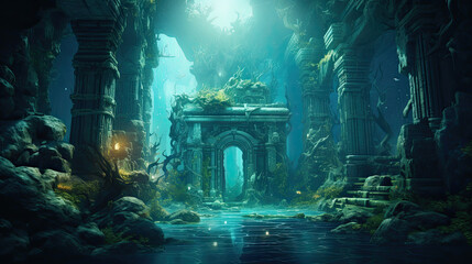 Underwater pantheon, fantasy scenery, illustration