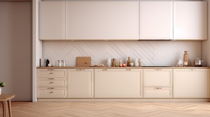 Modern kitchen interior with kitchenware, parquet floor, white facades, beige ceramic tiles on wall .