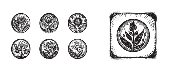 Set of scandi block print floral motif for vintage collection. Monochrome folk art botanical clip art group. 