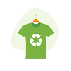 Slow sustainable fashion. T-shirt on a clothes hanger. Recycling textile and green technologies. Reuse icon. Vector Illustration sticker.