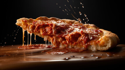 A slice of pizza with melted cheese dripping from it. Generative Ai