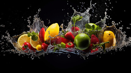 Fresh fruits and vegetables in water.Generative Ai