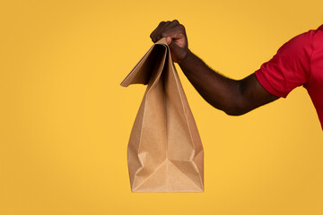 Hand of millennial african american guy courier hold paper bag with food takeaway