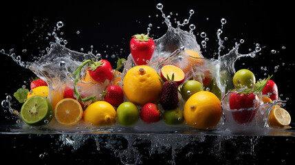 Fresh fruits and vegetables in water.Generative Ai