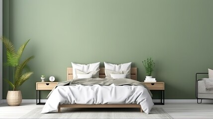 Scandinavian bedroom interior with black frame mockup, green wall, open door, wooden bed, and ceramic vase with dry grass.