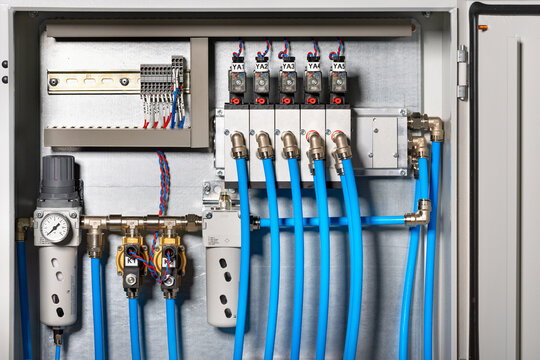 A fragment of a modular assembly system with compressed air purification devices.