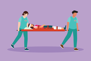 Graphic flat design drawing paramedic team of woman doctors moving with injured sick patient on stretcher to ambulance car. Saving lives, calling emergency accident. Cartoon style vector illustration © onetime