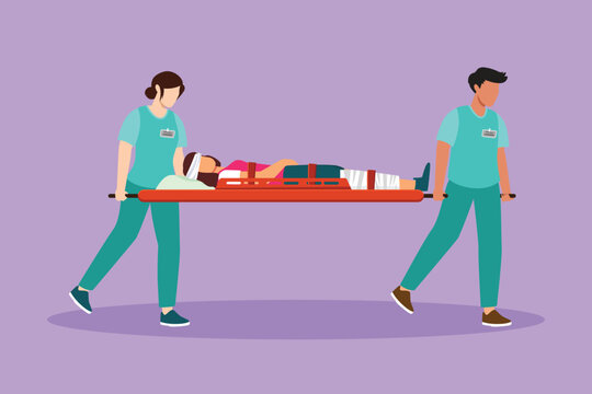 Graphic flat design drawing paramedic team of woman doctors moving with injured sick patient on stretcher to ambulance car. Saving lives, calling emergency accident. Cartoon style vector illustration