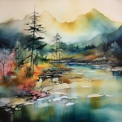 Colorful lake landscape alcohol ink soft colors and fading into misty background