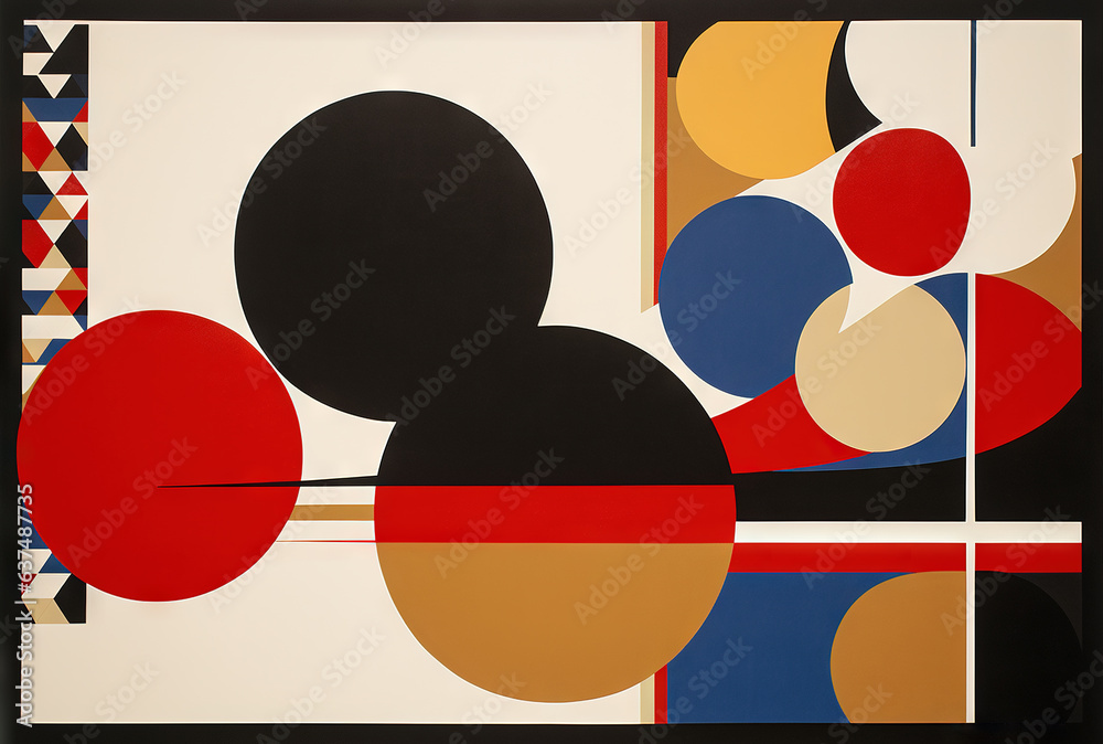 Poster Abstract background in the style of expressionism, modern and Bauhaus. Artistic abstraction with colorful circles and lines. ,.