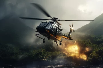 Zelfklevend Fotobehang Action shot with helicopter hovering in the air over flame and explosions. Dynamic scene in action movie blockbuster style. © swillklitch