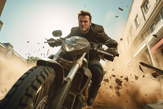Fototapeta Action shot with man riding away on bike. Dynamic scene in action movie blockbuster style.