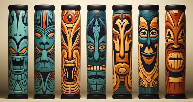 Tiki carvings on white background, elongated random shapes, caricature faces, serene faces, distinctive noses, the art of tonga