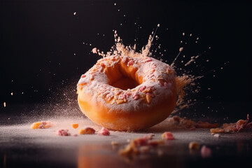 Donut expressive shot with topping and sugar powder splash. Tasty donut food styling image. ,.