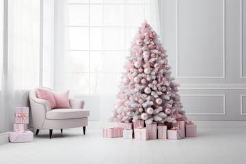 Salon lujoso decorado con arbol de navidad rosa. ilustracion de ia generativa - obrazy, fototapety, plakaty