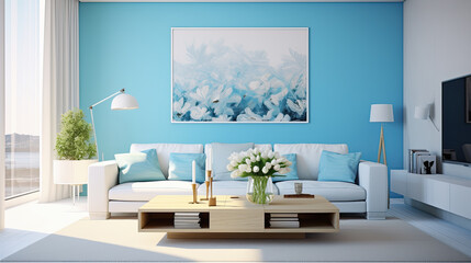 Salon moderno  de una villa contemporanea de playa, con sofa blanco paredes blancas y azul claro turquesa  y cuadro abstracto . Decoracion minimalista tipo escandinava