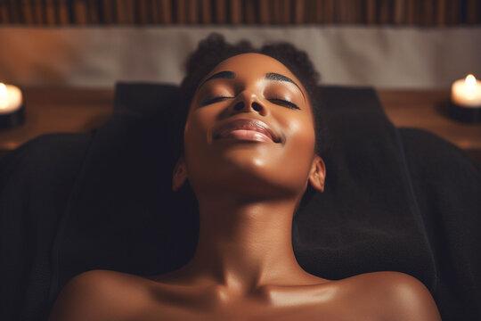 Relaxed black young woman lying on table in wellness center, closeup - Generative AI