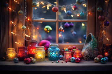 Fototapeta na wymiar Colorful Christmas decorations and fairy lights