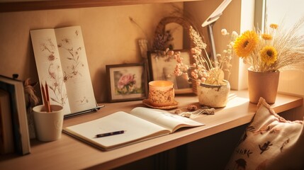  a desk with a book, pen and flowers on it.  generative ai