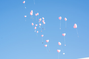 Herzen Luftballons fliegen in den Himmel hinein  - obrazy, fototapety, plakaty