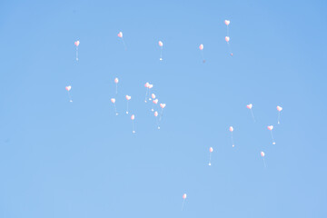 Herzen Luftballons fliegen in den Himmel hinein  - obrazy, fototapety, plakaty