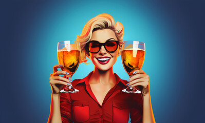 Laughing woman with two glasses of beer on a blue gradient background, in the style of pop art illustration.