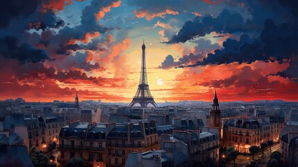  a painting of the eiffel tower in paris at sunset.  generative ai - obrazy, fototapety, plakaty