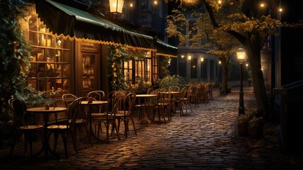 Fototapeta na wymiar a cobblestone street lined with tables and chairs at night. generative ai