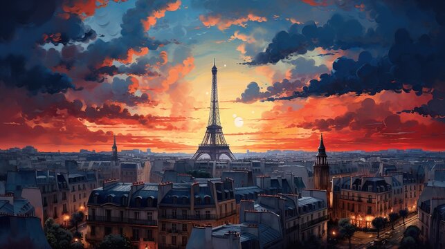  a painting of the eiffel tower in paris at sunset.  generative ai
