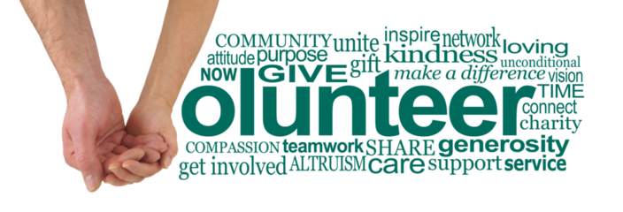 We can volunteer together - male hand cupped by a female hand making the V of VOLUNTEER beside a relevant word cloud isolated transparent png file 