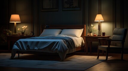 Spacious bed, table, and illuminated lamp in nighttime room.