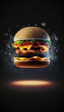Ilustraci&oacute;n de hamburguesa completa con queso y tocineta flotando en el aire, sobre fondo negro, creada con IA generativa