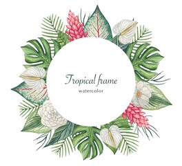  Round frame with tropical watercolor leaves and flowers.Tropical background.