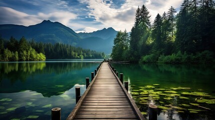  a dock on a lake surrounded by trees and mountains in the background.  generative ai - obrazy, fototapety, plakaty