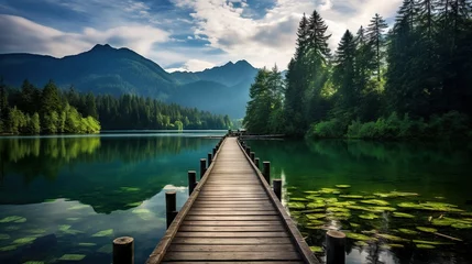 Fototapeten  a dock on a lake surrounded by trees and mountains in the background.  generative ai © Anna