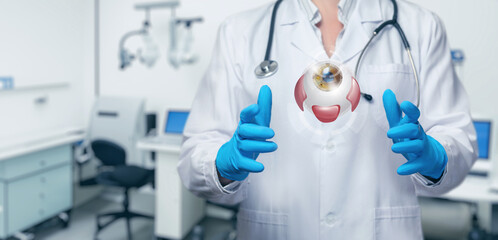 Fototapeta premium The doctor ophthalmologist shows an eye model.