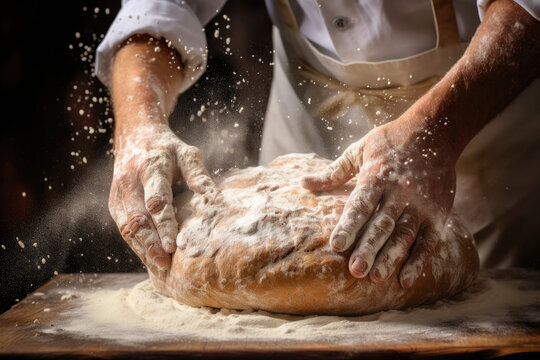 Bakers hands that are making a bread with flour all around