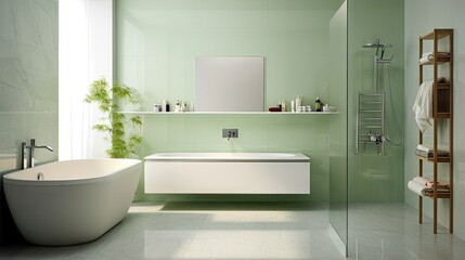 Naklejka na ściany i meble Stylish sage green bathroom, modern white ceramic bathtub with marble side table. Glass shower screen, spot light, clean.