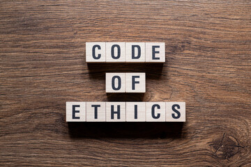 Code of ethics - word concept on building blocks, text - obrazy, fototapety, plakaty