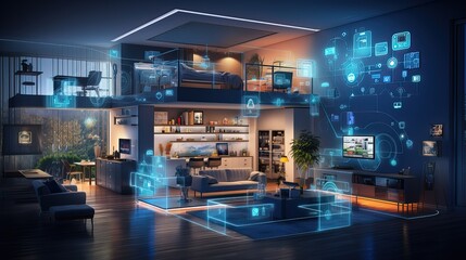 Smart Home Embracing the Internet of Things with Connected Devices and Appliances. - obrazy, fototapety, plakaty