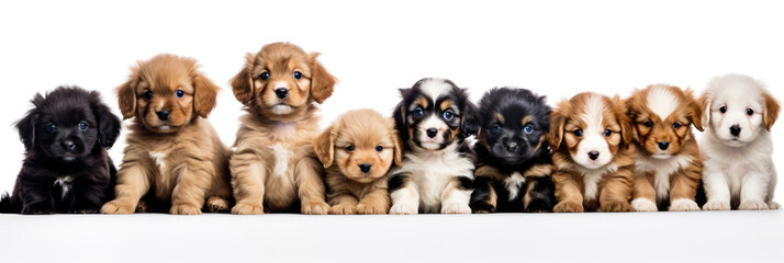 Group of sitting dogs of different breeds on a white background