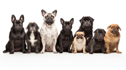 Group of sitting dogs of different breeds on a white background