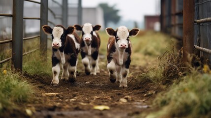 Generative AI, little calfs looking at the camera on a farm, baby cows