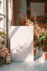 artistic frame canvas mock up in a curated whimsical studio setting / vintage artists desk, atelier bohemian style with natural light and shadows - ai generative art