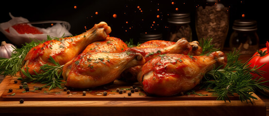 Naklejka premium Chicken legs with herbs and sauce on the wooden board, chicken dish with spices, chicken thigh with chili sauce on a board for cooking, chicken wings. 